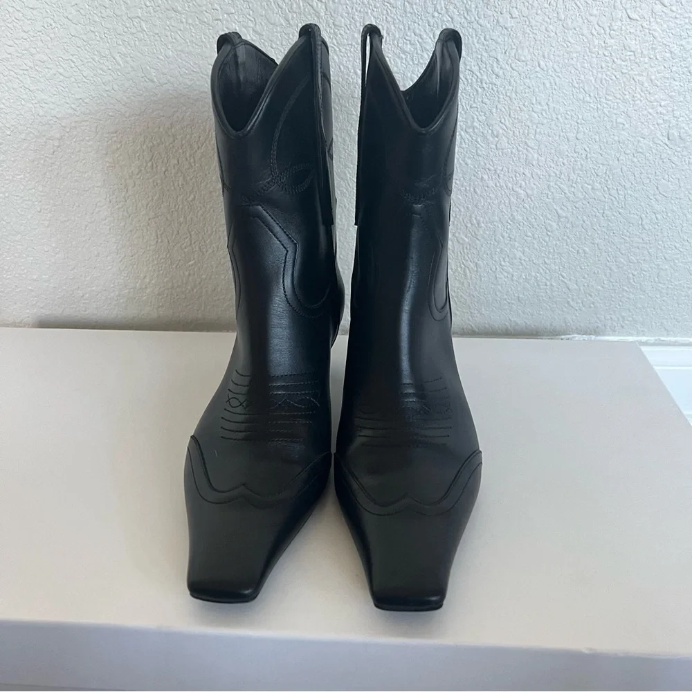 Khaite Dallas Black Leather Ankle Boots Bootie Size 37 Short Western - Picture 4 of 11